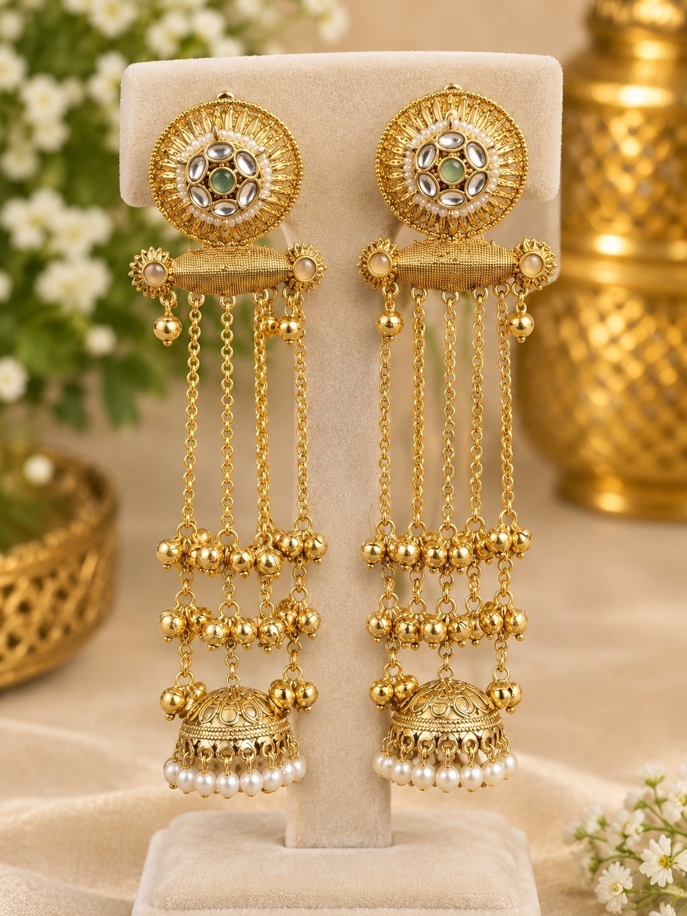 Gold Jhumka Earrings with Pearls and Green Accents